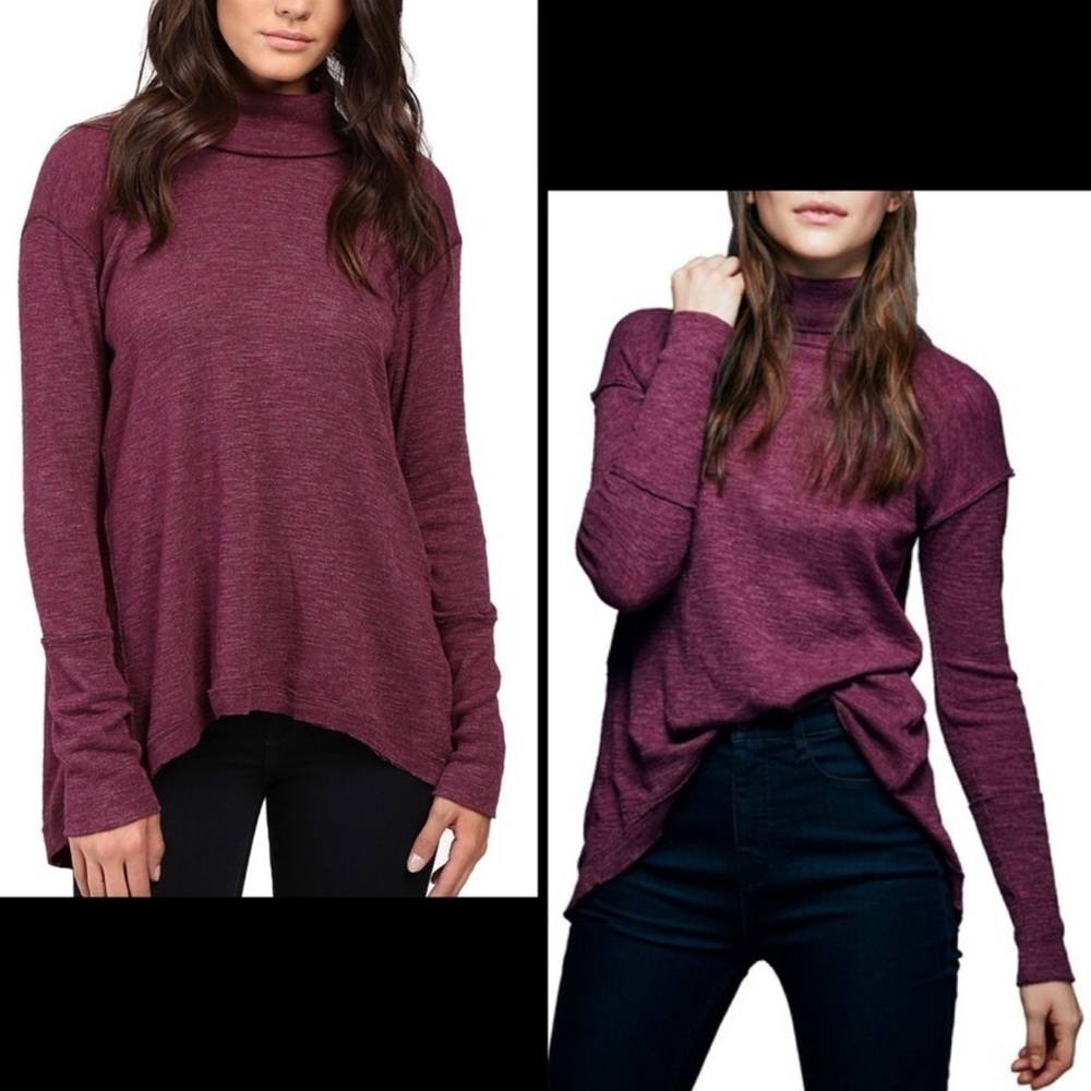 FP We The Free Split Back Plum Wine Purple Turtleneck Long Sleeve SizeS Knit Top